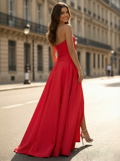 Red Satin Strapless A-Line Prom Dress with Bow Detailing BMBRIDE