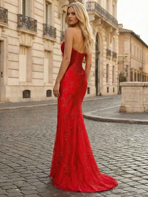 Red Sheath Lace Strapless Corset Prom Dress with High Slit BMBRIDE