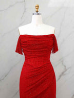 Red Shimmer Off-Shoulder Long Prom Dress with High Slit