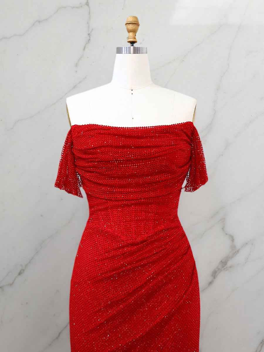 Red Shimmer Off-Shoulder Long Prom Dress with High Slit