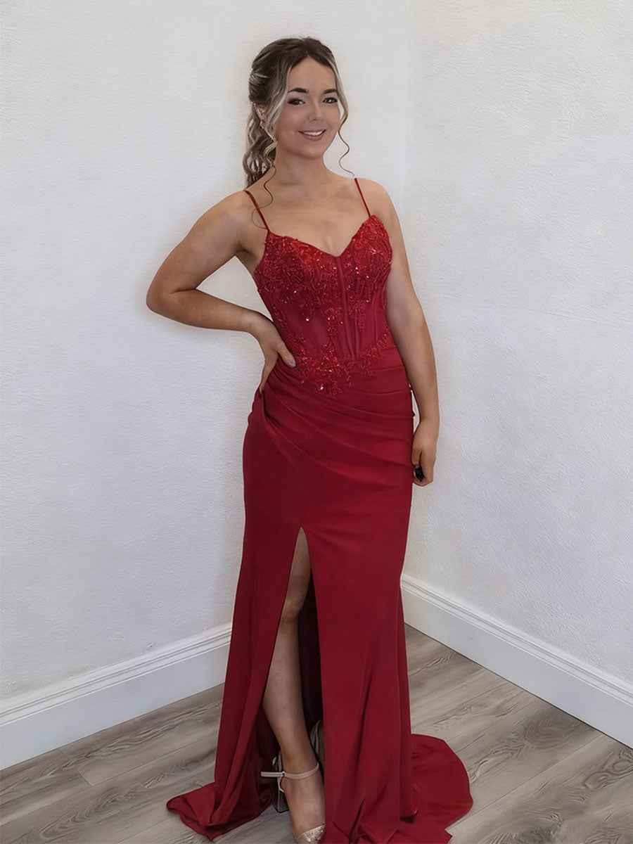 Red Spaghetti Strap Corset Prom Dress with Beaded Appliqu¡§|s