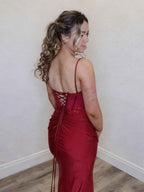 Red Spaghetti Strap Corset Prom Dress with Beaded Appliqu¡§|s