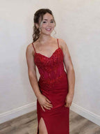 Red Spaghetti Strap Corset Prom Dress with Beaded Appliqu¡§|s