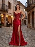 Red Strapless Beaded Lace Corset Satin Long Prom Dress with Slit