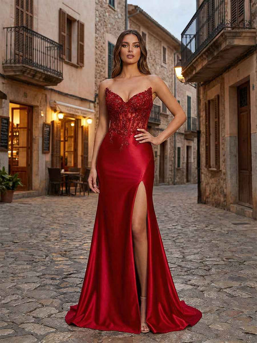 Red Strapless Beaded Lace Corset Satin Long Prom Dress with Slit BMBRIDE