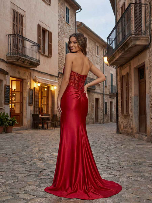 Red Strapless Beaded Lace Corset Satin Long Prom Dress with Slit BMBRIDE