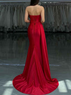 Red Strapless Crystal Encrusted Neckline Satin Prom Dress with Draped Slit