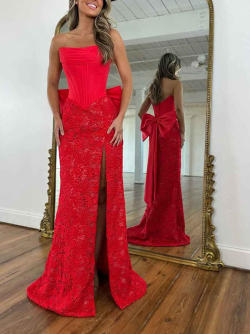 Red Strapless Satin Corset Lace Prom Dress with Oversized Bow BMBRIDE
