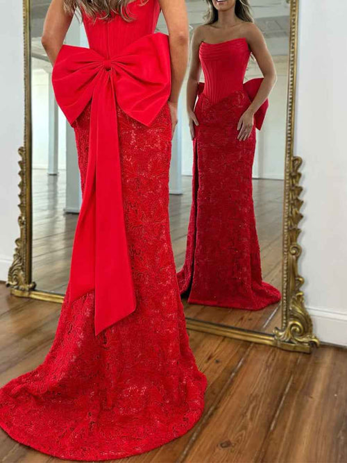 Red Strapless Satin Corset Lace Prom Dress with Oversized Bow BMBRIDE