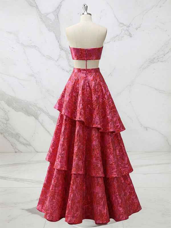 Red Tiered Brocade Prom Dress with Modern Waist Cut-Outs