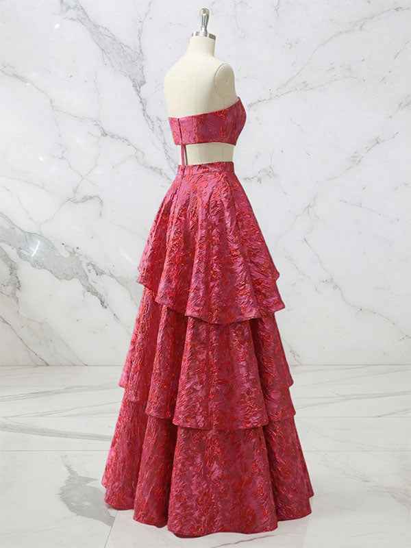 Red Tiered Brocade Prom Dress with Modern Waist Cut-Outs
