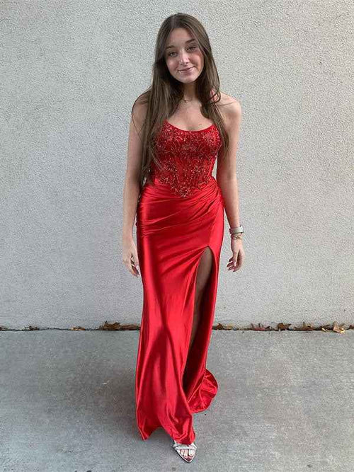 Glitter Red Mermaid Spaghetti Straps Appliques Long Prom Dress with Slit BMBRIDE