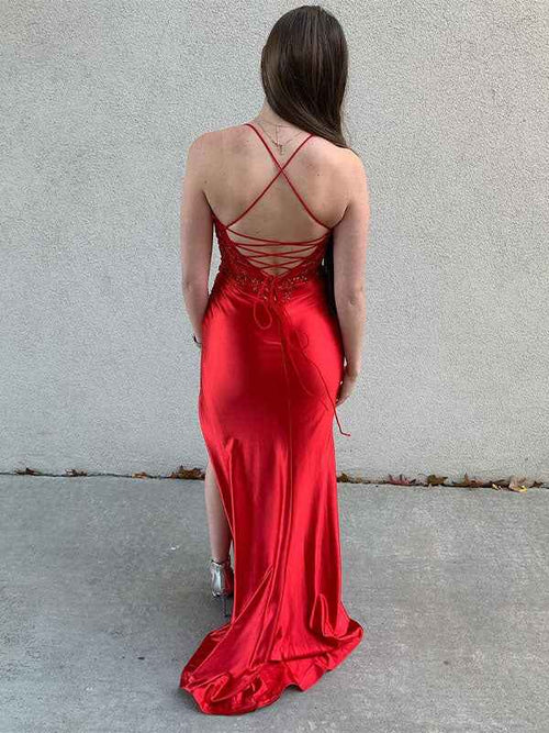 Glitter Red Mermaid Spaghetti Straps Appliques Long Prom Dress with Slit BMBRIDE