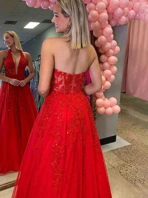 Red Halter A-Line V-Neck Empire-Waist Prom Dress with Lace Appliques BMBRIDE