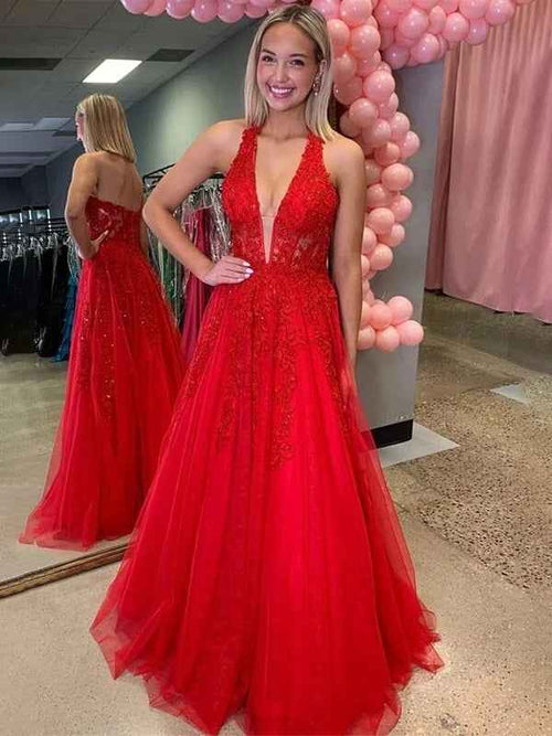 Red Halter A-Line V-Neck Empire-Waist Prom Dress with Lace Appliques BMBRIDE