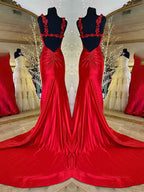 Red Mermaid Flowers Straps Long Prom Dress with Slit