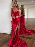 Red Mermaid Flowers Straps Long Prom Dress with Slit