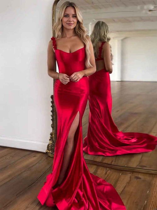 Red Mermaid Flowers Straps Long Prom Dress with Slit BMBRIDE