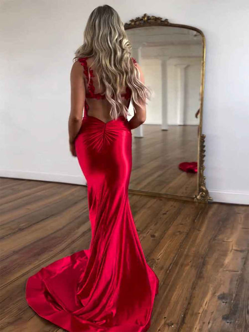 Red Mermaid Flowers Straps Long Prom Dress with Slit BMBRIDE
