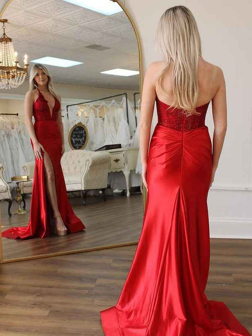 Red Mermaid Halter Sequins Long Satin Prom Dress with Slit BMBRIDE