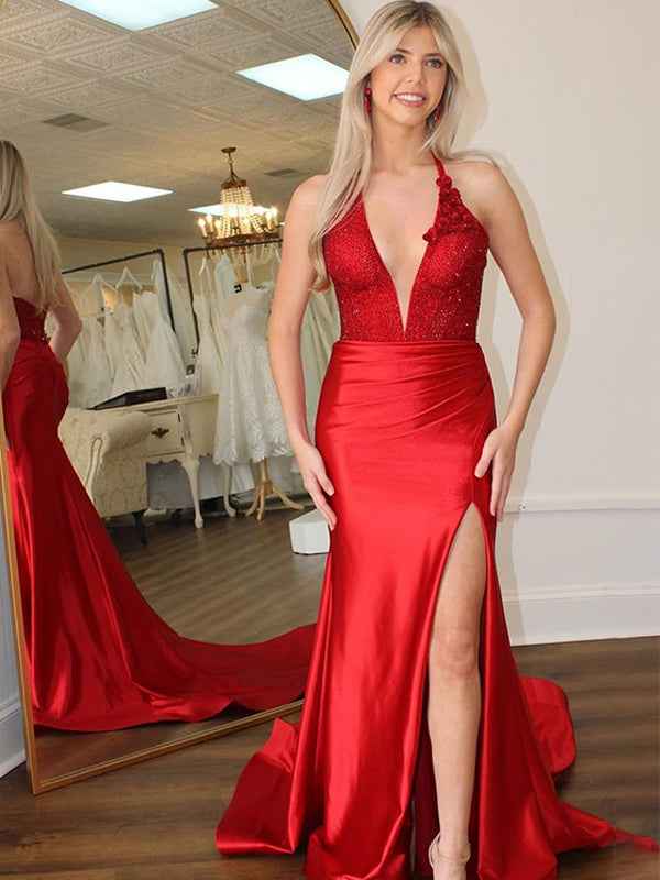 Red Mermaid Halter Sequins Long Satin Prom Dress with Slit