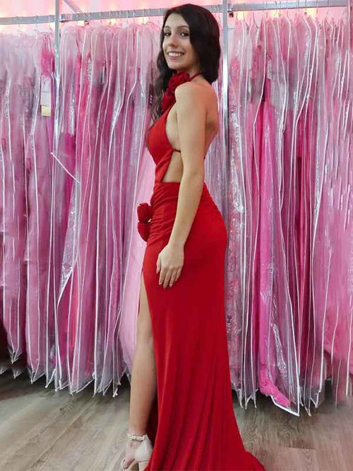 Red Mermaid High Neck Backless Long Party Prom Dress With Slit BMBRIDE