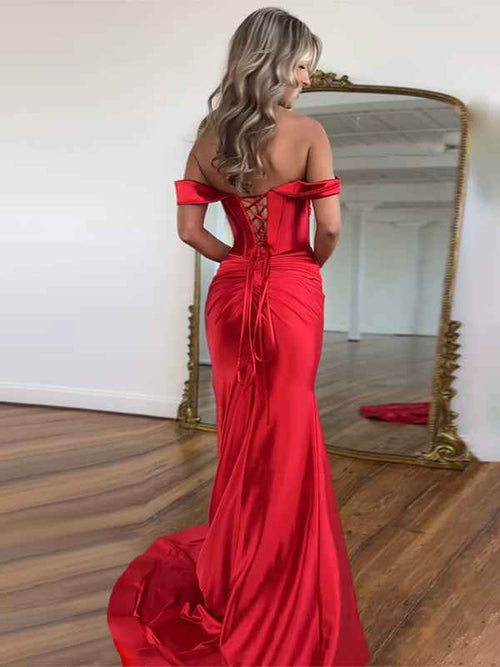 Red Mermaid Off the Shoulder Corset Long Prom Dress with Slit BMBRIDE