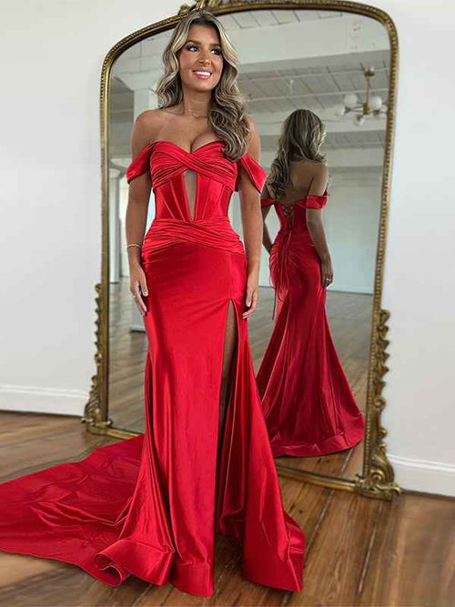 Red Mermaid Off the Shoulder Corset Long Prom Dress with Slit BMBRIDE