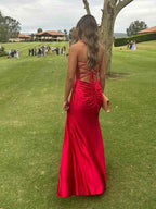 Yellow Mermaid Scoop Neck Satin Long Prom Dress with Slit