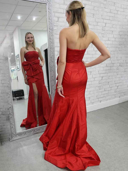 Red Mermaid Strapless Bow Satin Pleated Long Prom Dress with Slit BMBRIDE