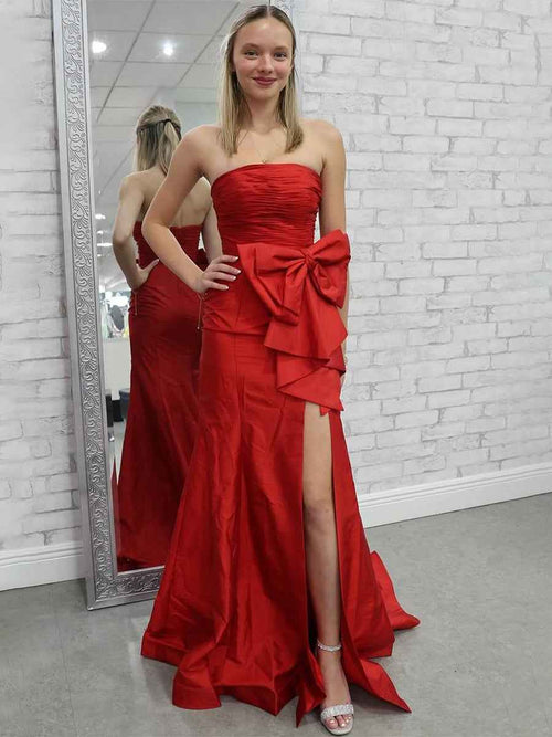 Red Mermaid Strapless Bow Satin Pleated Long Prom Dress with Slit BMBRIDE