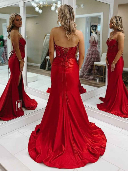 Red Mermaid Strapless Keyhole Satin Long Prom Dresses with Slit BMBRIDE