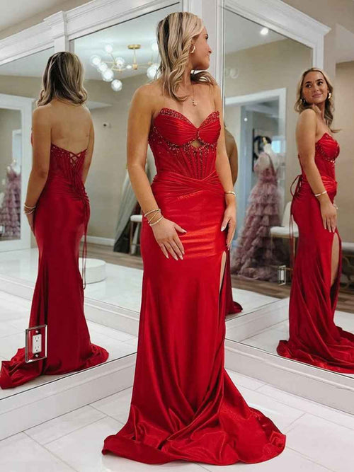 Red Mermaid Strapless Keyhole Satin Long Prom Dresses with Slit BMBRIDE