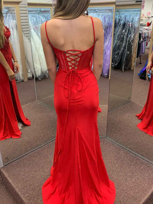Red Spaghetti Straps Appliques Long Prom Dress with Slit BMBRIDE