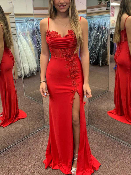 Red Spaghetti Straps Appliques Long Prom Dress with Slit BMBRIDE