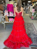 Red Stunning Strapless A-Line Empire-Waist Tiered Appliques Prom Dress with Slit