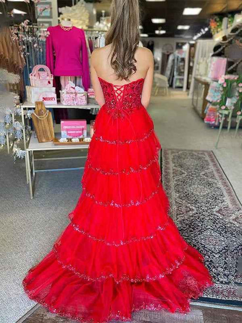 Red Stunning Strapless A-Line Empire-Waist Tiered Appliques Prom Dress with Slit BMBRIDE