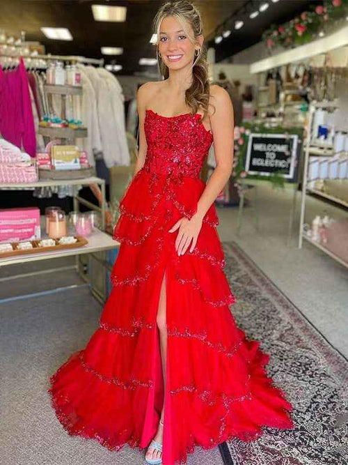 Red Stunning Strapless A-Line Empire-Waist Tiered Appliques Prom Dress with Slit BMBRIDE