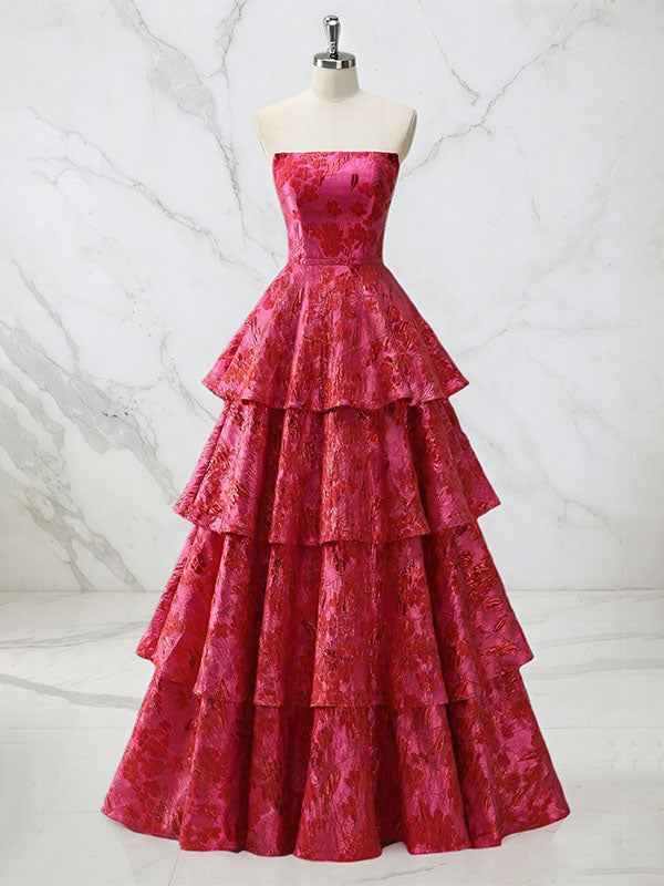 Red Tiered Brocade Prom Dress with Shimmering Floral Texture