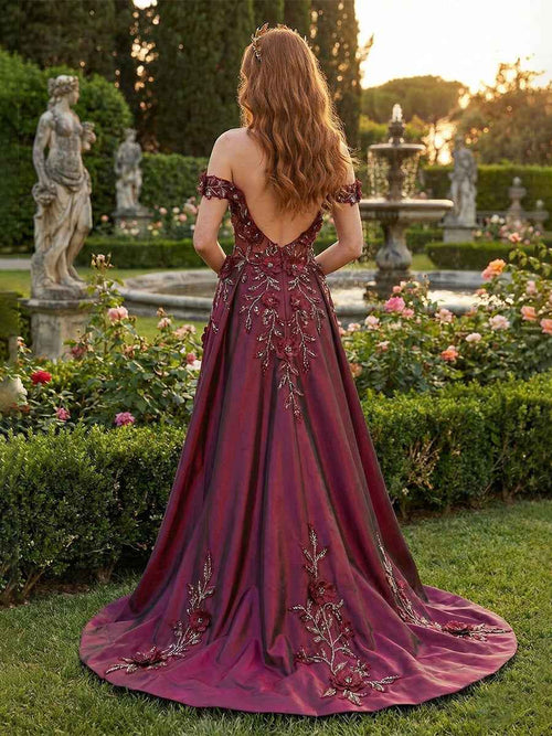 Regal Burgundy Floral A-Line Prom Dress with Iridescent Sheen BMBRIDE