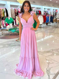 Romantic Pink Chiffon Tiered A-Line Prom Dress with Ruffle