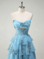 Romantic Pink Floral Tiered Prom Dress with Cut-Out Detail
