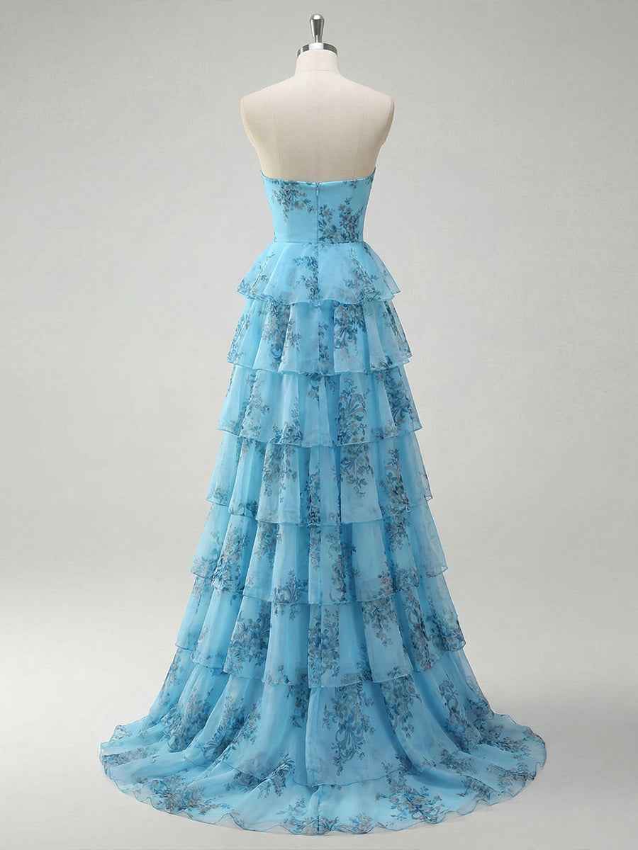 Romantic Pink Floral Tiered Prom Dress with Cut-Out Detail