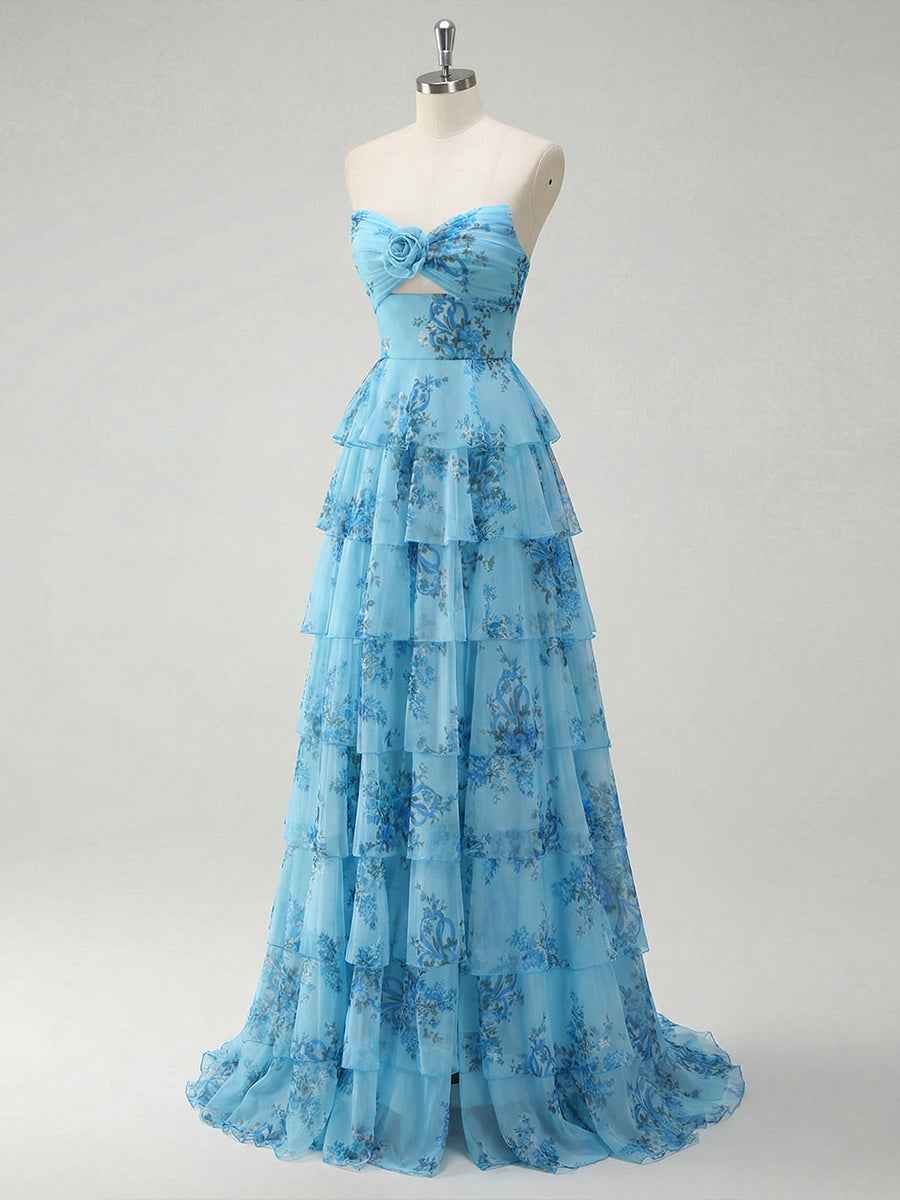 Romantic Pink Floral Tiered Prom Dress with Cut-Out Detail
