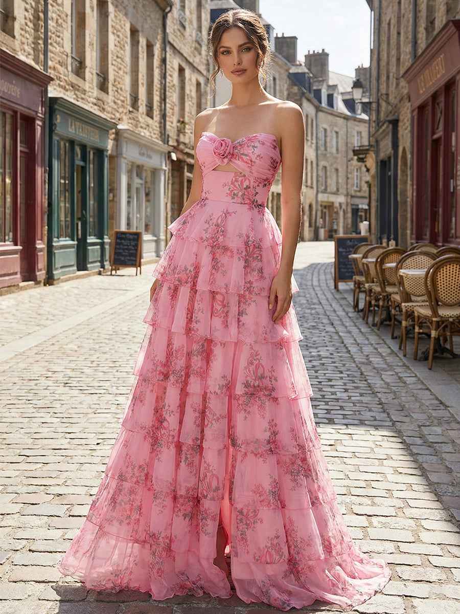 Romantic Blue Floral Tiered Prom Dress with Cut-Out Detail