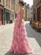 Romantic Blue Floral Tiered Prom Dress with Cut-Out Detail