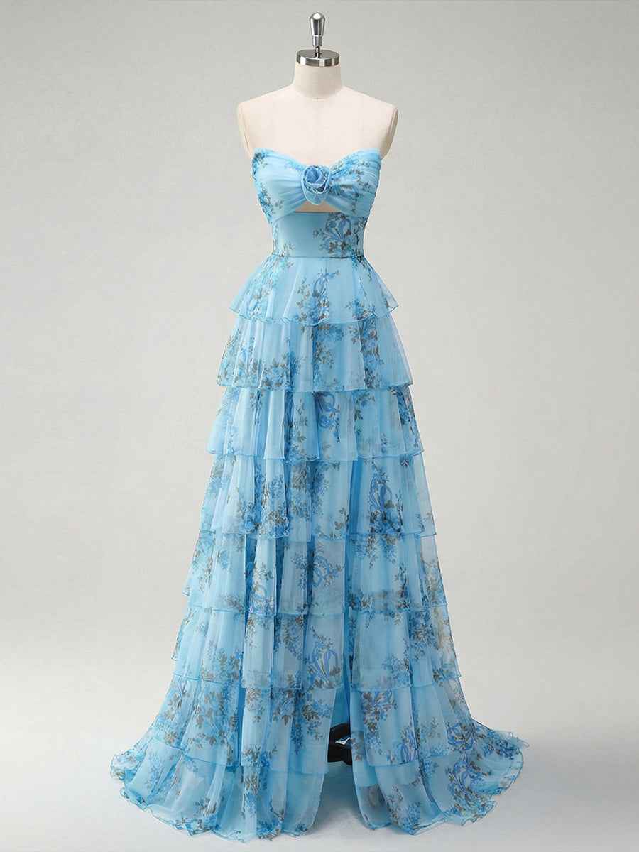 Romantic Pink Floral Tiered Prom Dress with Cut-Out Detail