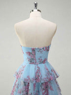Romantic Pink Floral Tiered Prom Dress with Cut-Out Detail