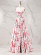 Romantic Pink Strapless Toile Print Corset A-Line Prom Dress