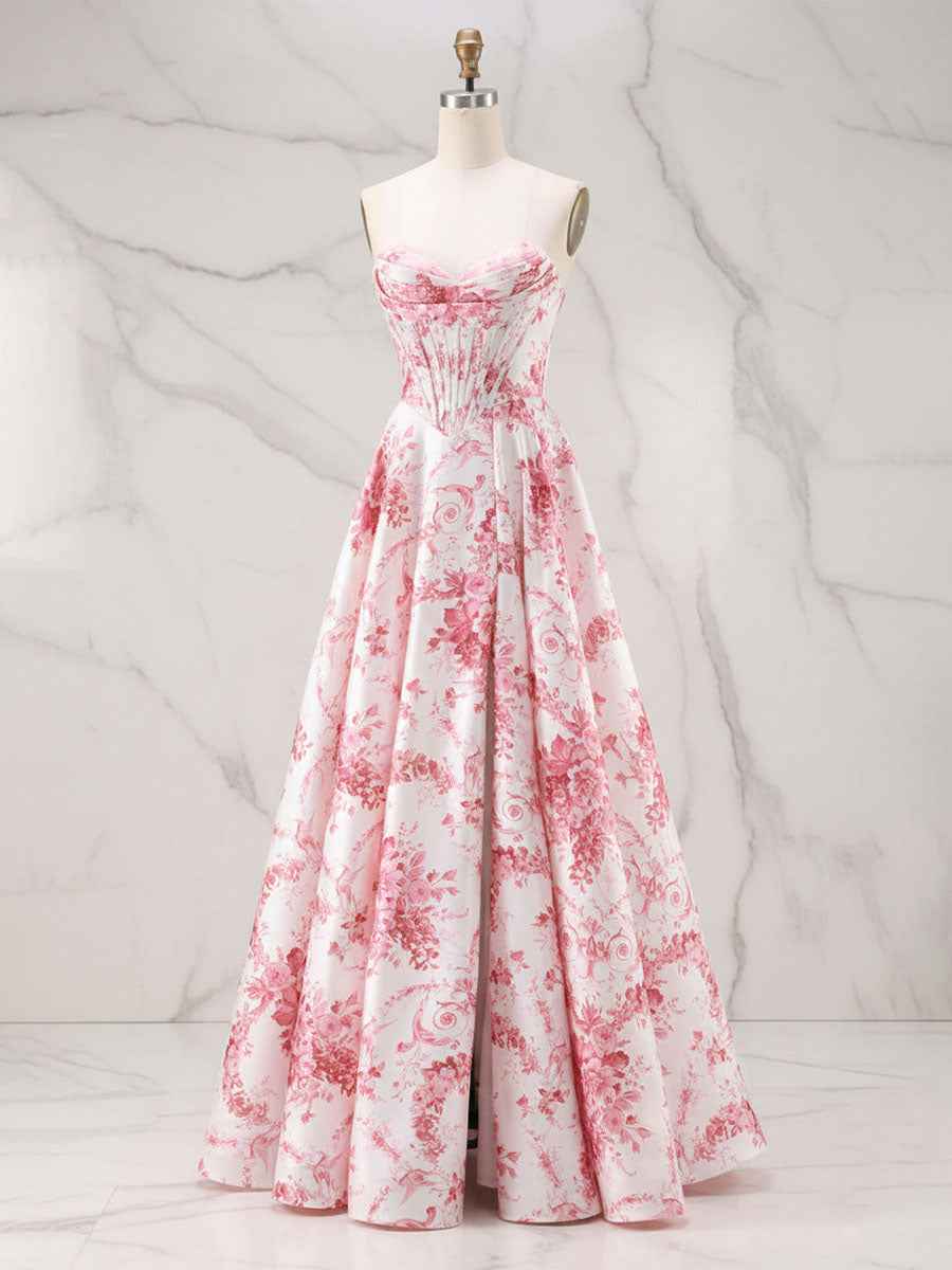 Romantic Pink Strapless Toile Print Corset A-Line Prom Dress